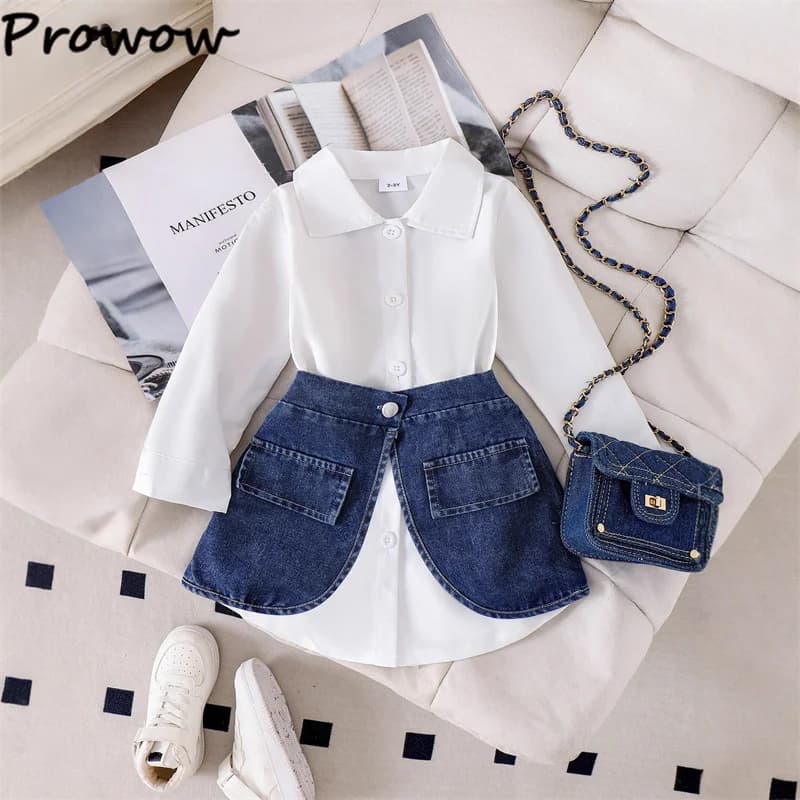 Girls White Blouse and Denim Skirt Set