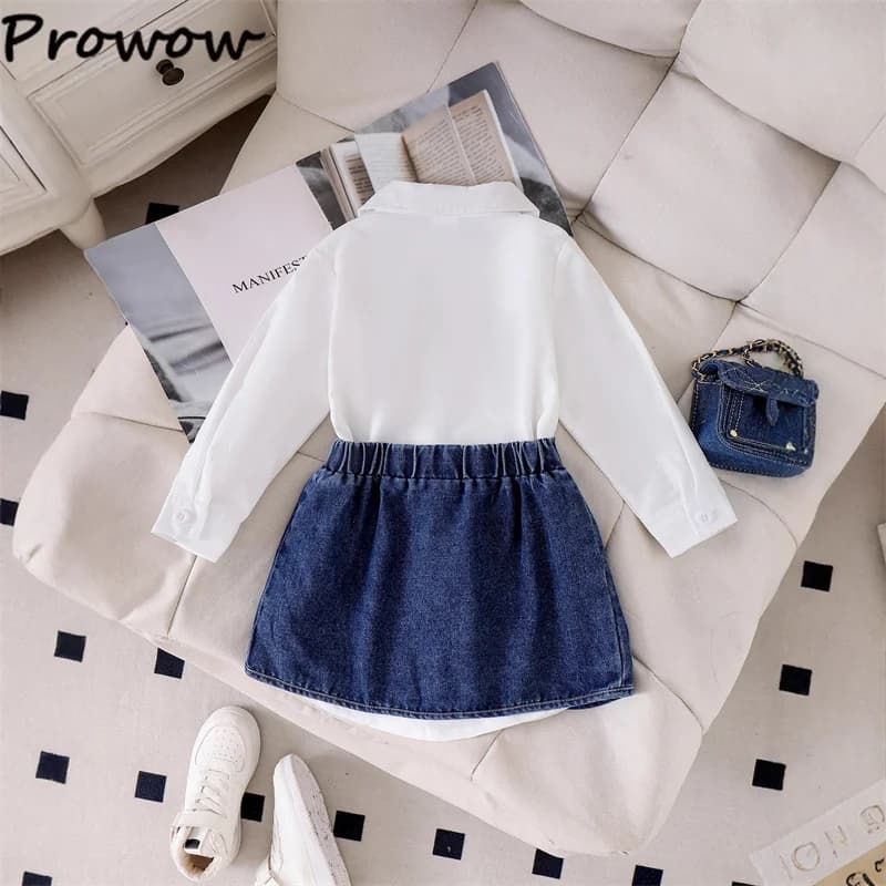 Girls White Blouse and Denim Skirt Set