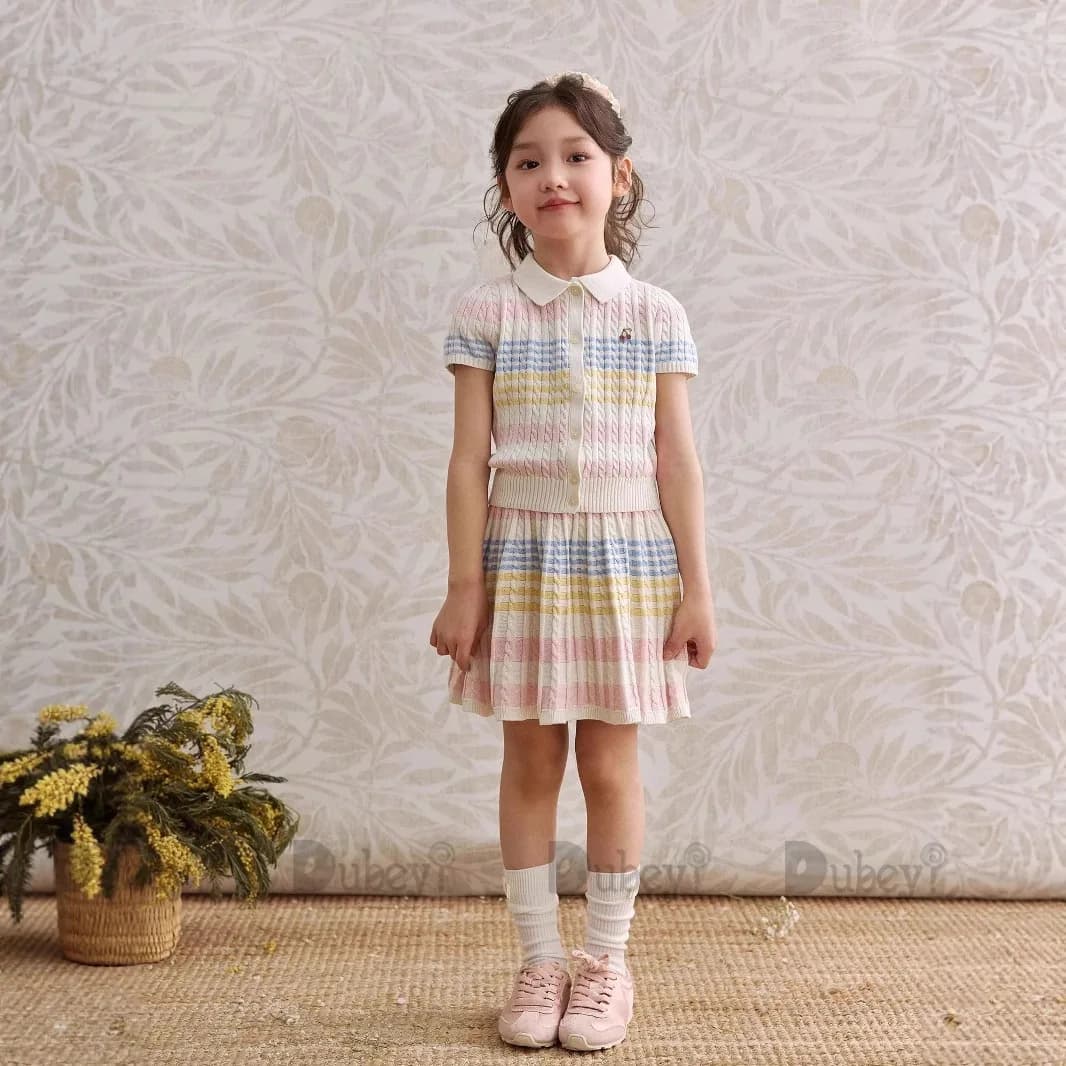 Kids Girls Colorful Striped Polo Shirt And Skirt Set