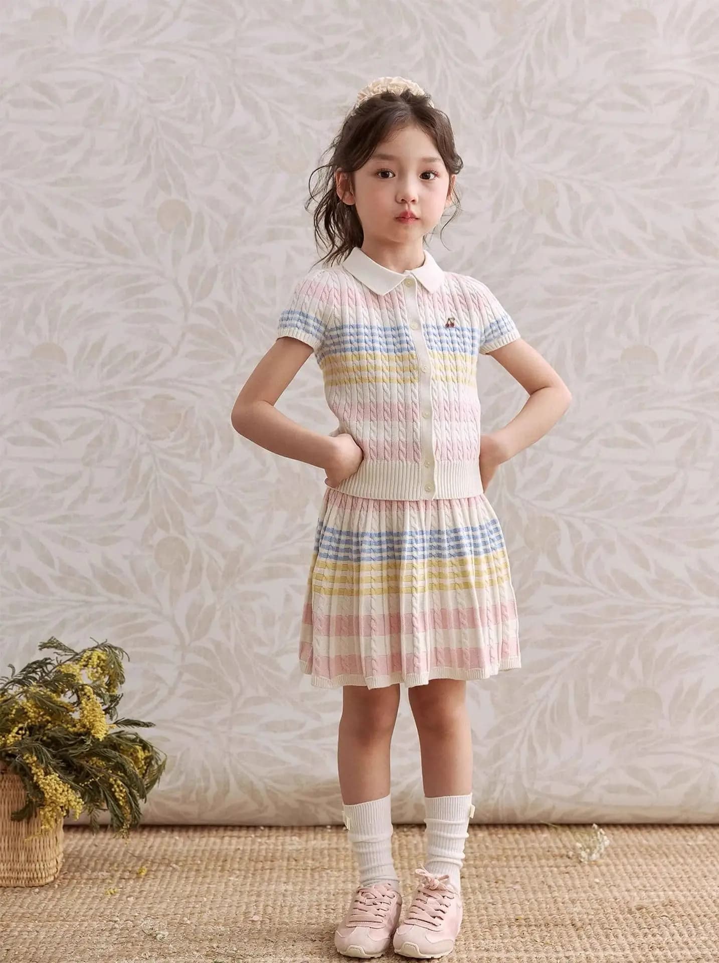 Kids Girls Colorful Striped Polo Shirt And Skirt Set